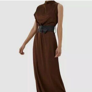 Brunello Cucinelli Women's Brown Asymmetric Belted Silk Gown Dress - Never Worn